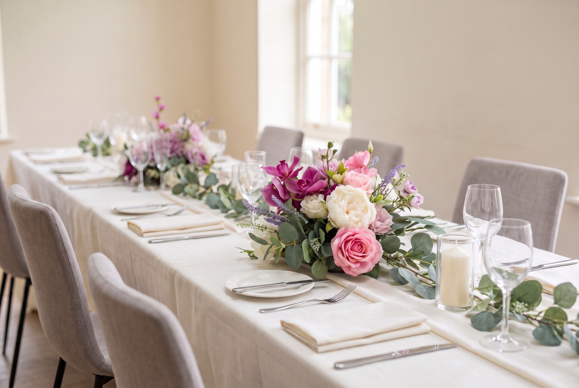 Orchid Garden arranged as a low runner along a long corporate dinner table