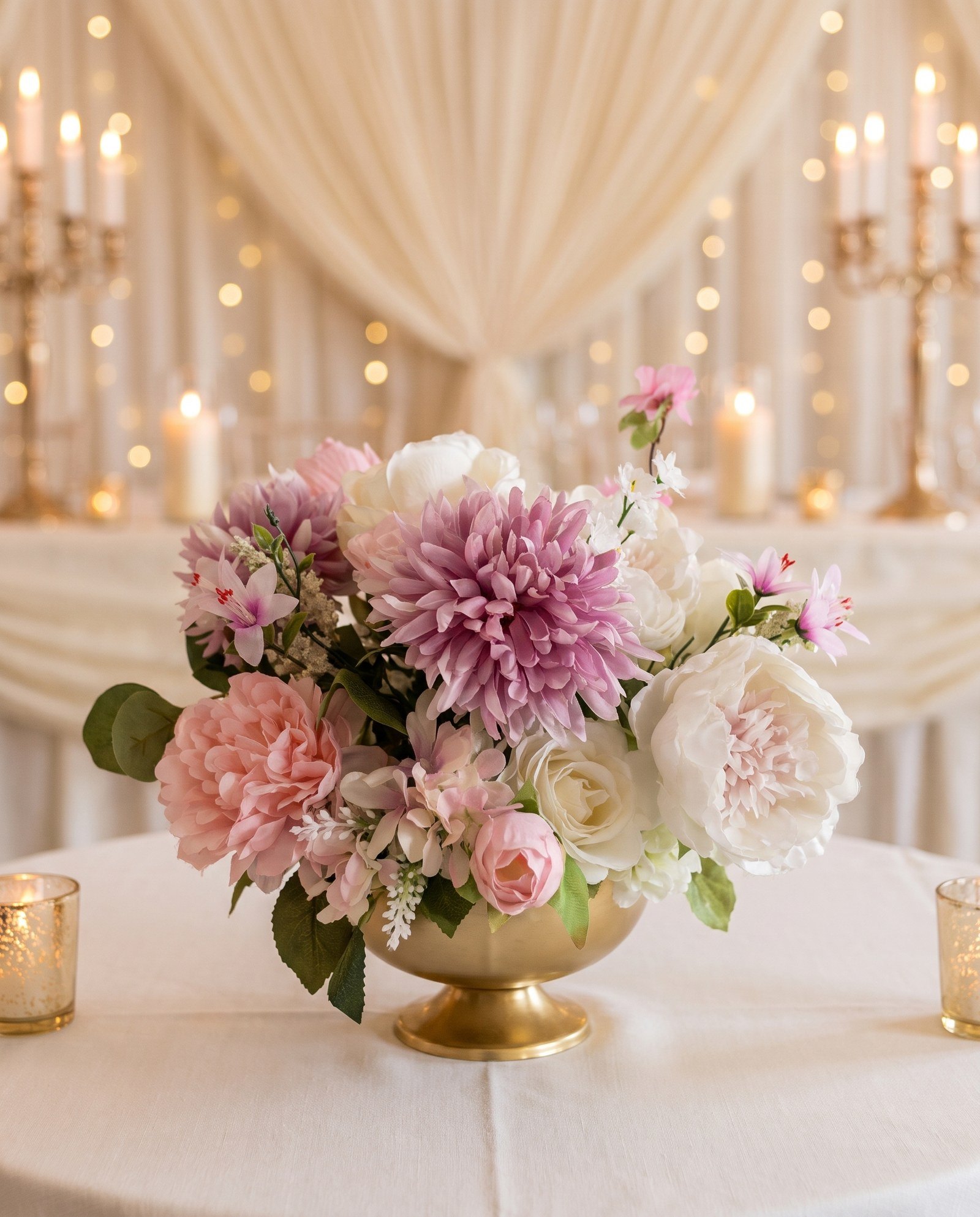 Blush peony and lilac chrysanthemum centrepiece in a gold bowl, lit by candlelight