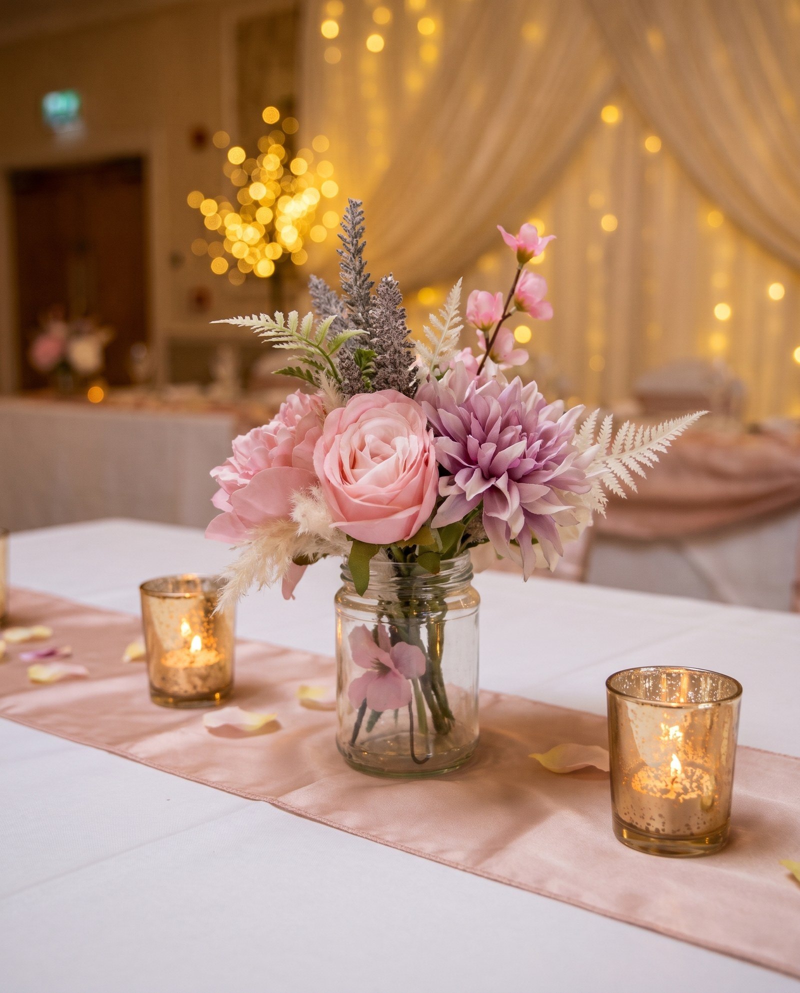 Small pink and lilac posy in a glass jar with gold votives